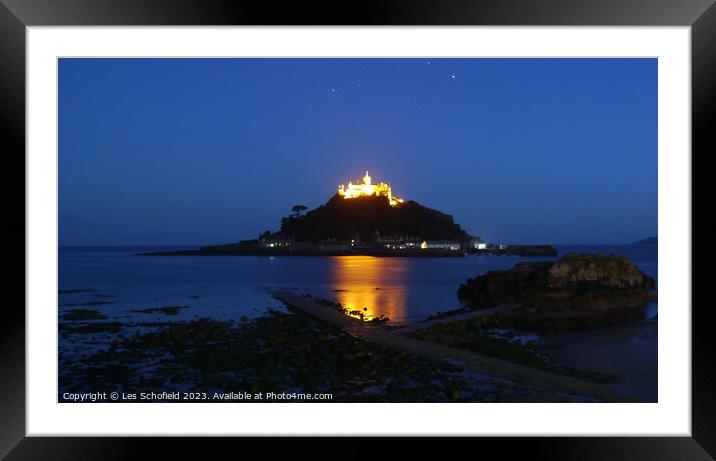St Michael's Mount Cornwall Night Scene Framed Mounted Print by Les Schofield