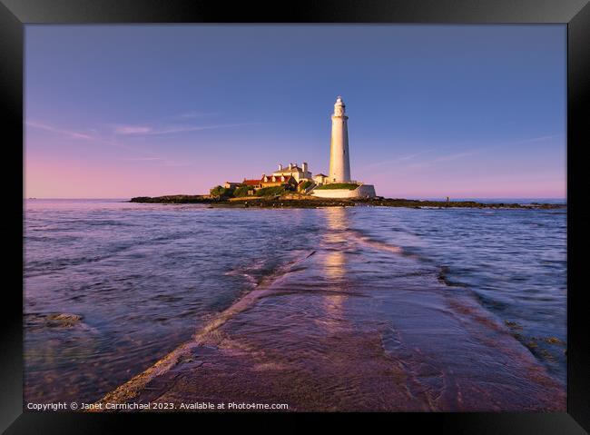 Sunset Glow at St Mary's Lighthouse Framed Print by Janet Carmichael