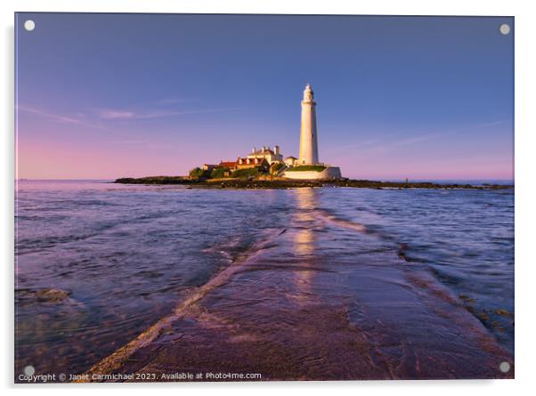 Sunset Glow at St Mary's Lighthouse Acrylic by Janet Carmichael
