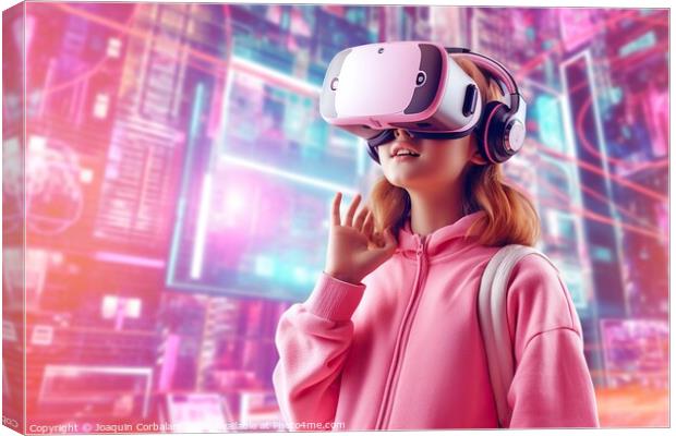 oung girl explores virtual reality shopping experience with futuristic glasses. AI Generated Canvas Print by Joaquin Corbalan