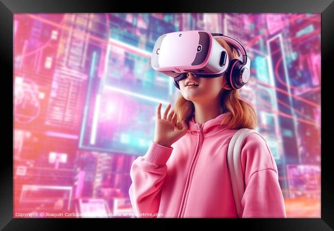 oung girl explores virtual reality shopping experience with futuristic glasses. AI Generated Framed Print by Joaquin Corbalan