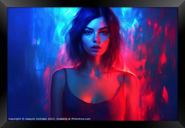 Illustration of a sexy woman wrapped in neon lights and spilled paint. Ai generated. Framed Print by Joaquin Corbalan