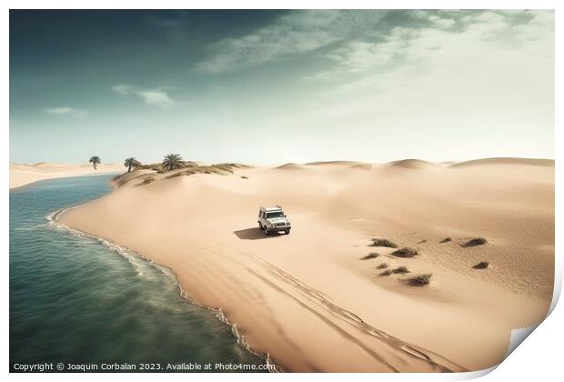 The powerful SUV carves its way through the rolling sand dunes o Print by Joaquin Corbalan
