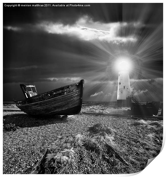 abandoned fishing boat and lighthouse Print by meirion matthias