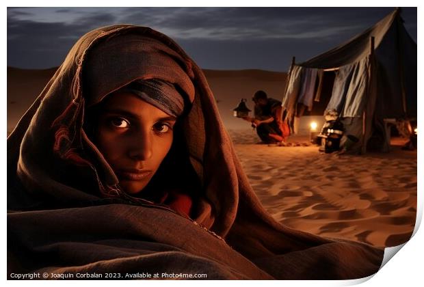 A turbaned Tuareg at night in the desert. Ai generated. Print by Joaquin Corbalan