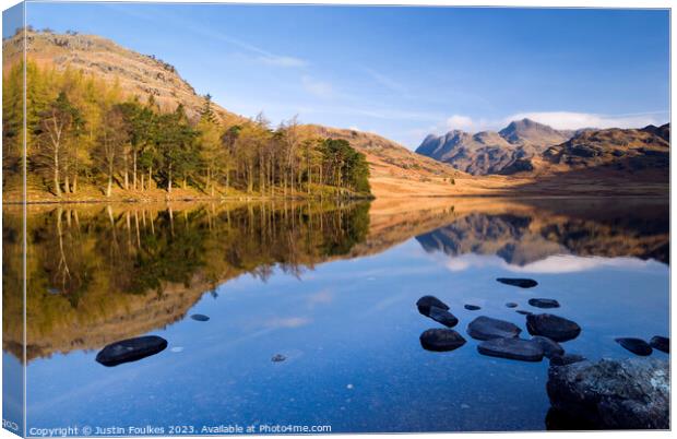 Langdale Pikes reflections, Blea Tarn, Lake District  Canvas Print by Justin Foulkes