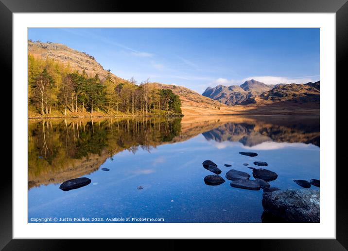 Langdale Pikes reflections, Blea Tarn, Lake District  Framed Mounted Print by Justin Foulkes