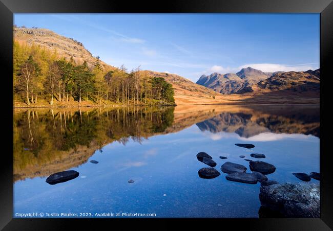 Langdale Pikes reflections, Blea Tarn, Lake District  Framed Print by Justin Foulkes