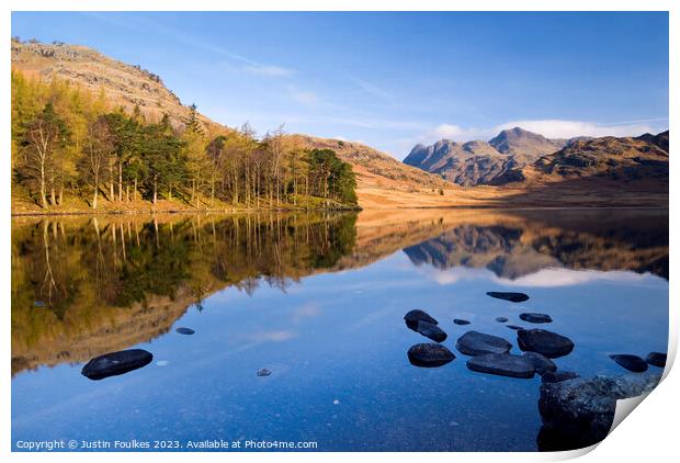 Langdale Pikes reflections, Blea Tarn, Lake District  Print by Justin Foulkes