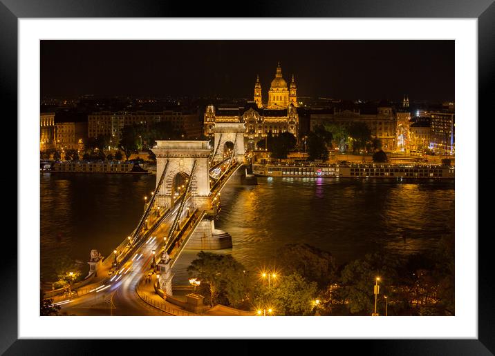 Szechenyi Chain Bridge in Budapest by Night Framed Mounted Print by Artur Bogacki