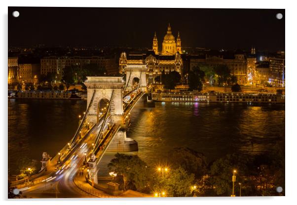 Szechenyi Chain Bridge in Budapest by Night Acrylic by Artur Bogacki