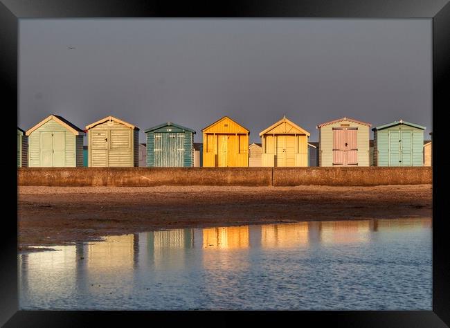 Beach huts basking in a Brightlingsea  Sunset  Framed Print by Tony lopez