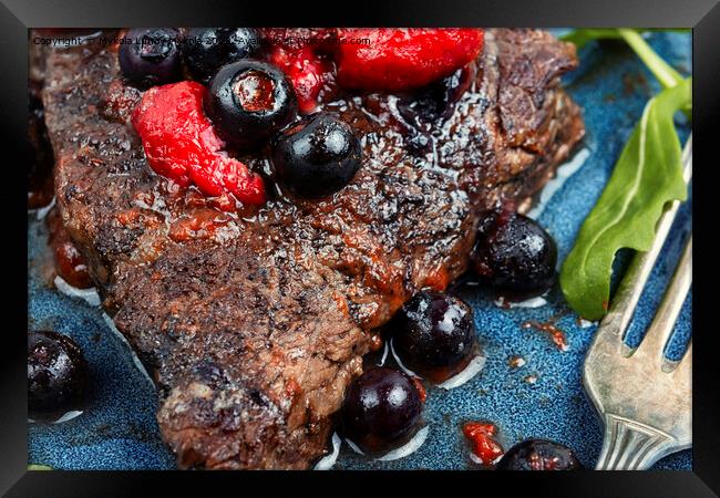 Beef steak in berry sauce. Framed Print by Mykola Lunov Mykola