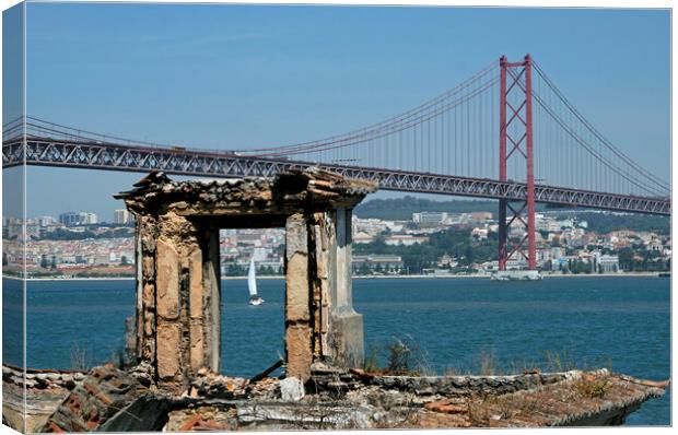 Coastal view in Lisbon, Portugal, with bridge and boat Canvas Print by Lensw0rld 