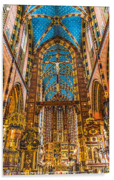 Crucifix Altar Ceiling St Mary's Basilica Church Krakow Poland Acrylic by William Perry