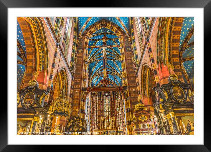 Crucifix Altar Ceiling St Mary's Basilica Church Krakow Poland Framed Mounted Print by William Perry