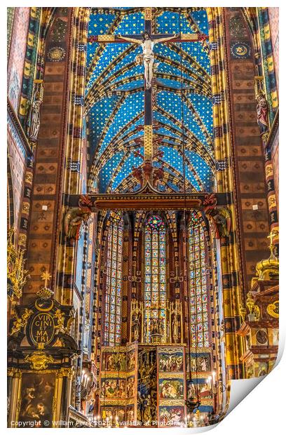 Crucifix Altar Ceiling St Mary's Basilica Church Krakow Poland Print by William Perry