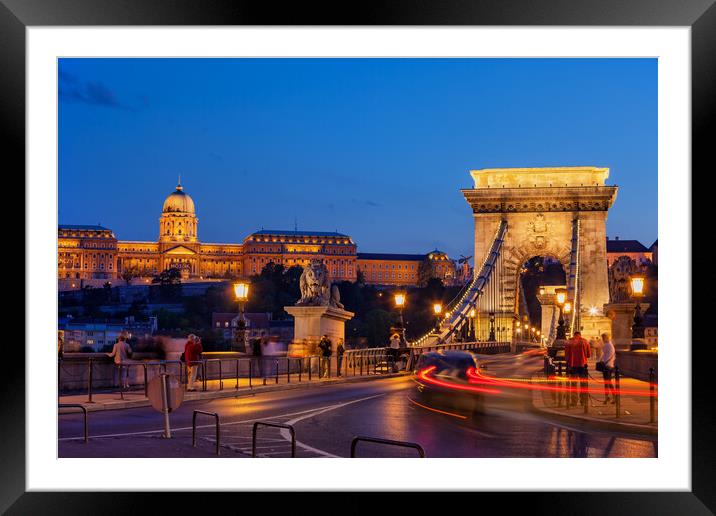Castle And Chain Bridge in Budapest at Night Framed Mounted Print by Artur Bogacki