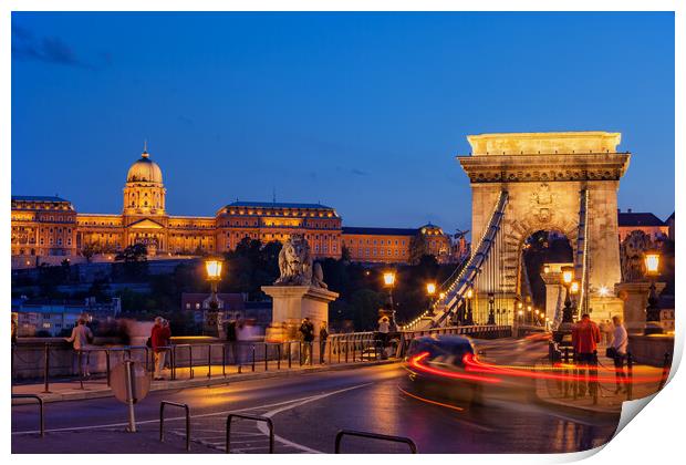Castle And Chain Bridge in Budapest at Night Print by Artur Bogacki