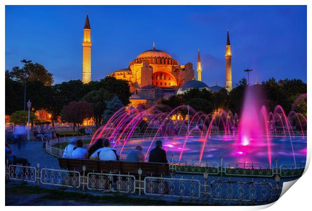 Hagia Sophia and Fountain in Istanbul at Night Print by Artur Bogacki