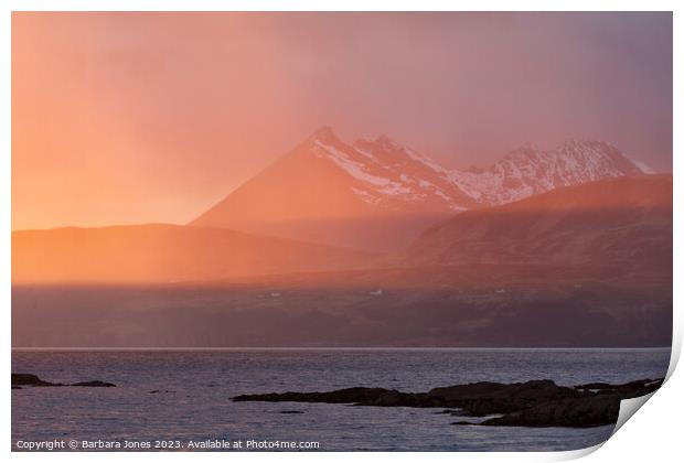 Cuillin Mountains Winter Sunset Tokavaig, Skye. Print by Barbara Jones