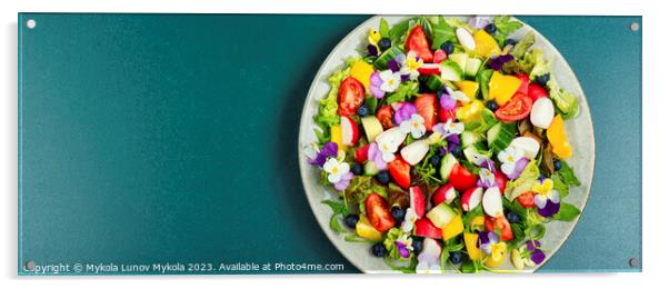 Summer salad with edible flowers,space for text. Acrylic by Mykola Lunov Mykola