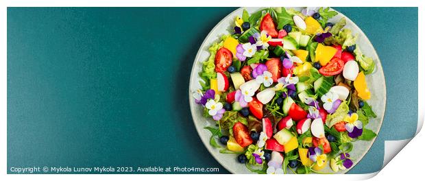 Summer salad with edible flowers,space for text. Print by Mykola Lunov Mykola