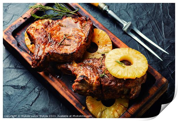 Pork tenderloin with pineapple, barbecue. Print by Mykola Lunov Mykola