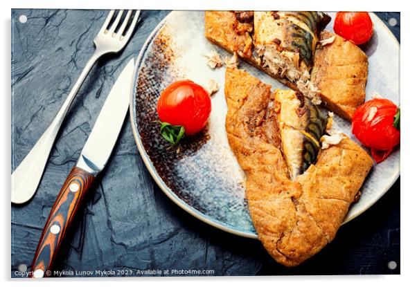 Whole fish baked in bread, fish pie. Acrylic by Mykola Lunov Mykola