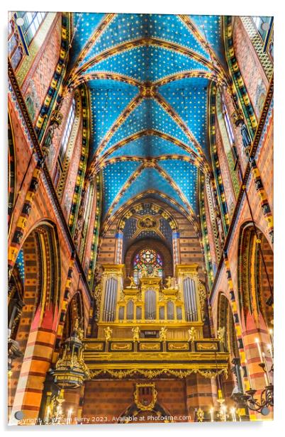 Organ Ceiling St Mary's Basilica Church Krakow Poland Acrylic by William Perry