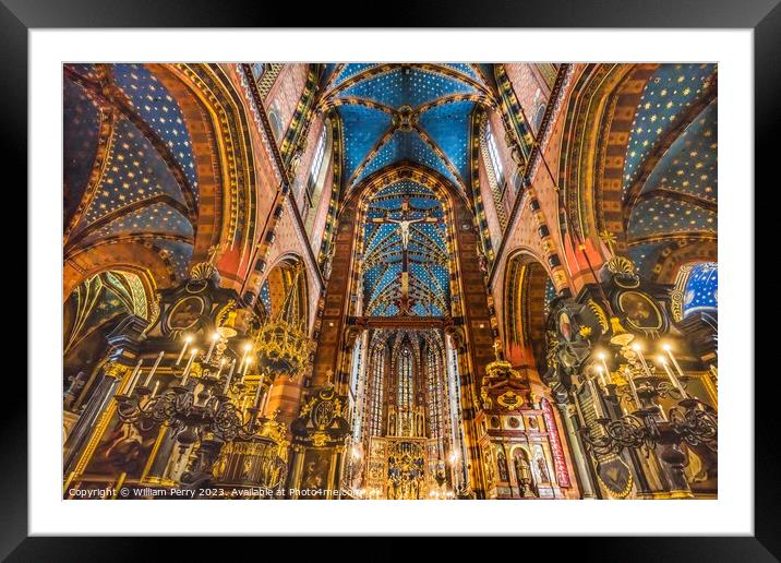 Crucifix Altar Ceiling St Mary's Basilica Church Krakow Poland Framed Mounted Print by William Perry