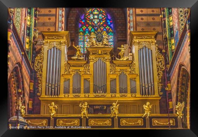 Golden Organ Stained Glass St Mary's Basilica Church Krakow Pola Framed Print by William Perry