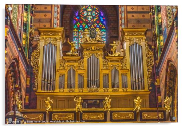 Golden Organ Stained Glass St Mary's Basilica Church Krakow Pola Acrylic by William Perry
