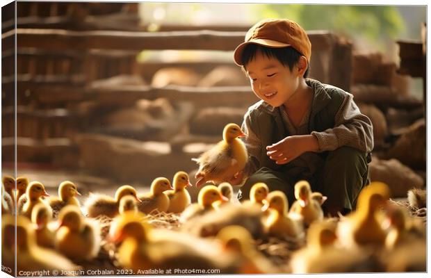 farm boy gently cradles the precious newborn chicks in his hands, savoring the magic of life on the farm. AI Generated Canvas Print by Joaquin Corbalan