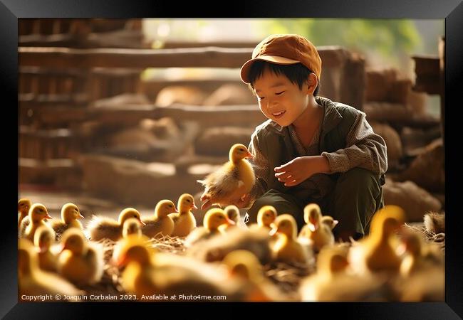 farm boy gently cradles the precious newborn chicks in his hands, savoring the magic of life on the farm. AI Generated Framed Print by Joaquin Corbalan