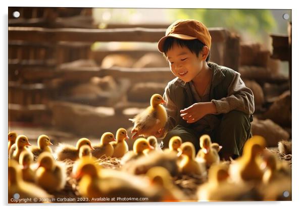 farm boy gently cradles the precious newborn chicks in his hands, savoring the magic of life on the farm. AI Generated Acrylic by Joaquin Corbalan