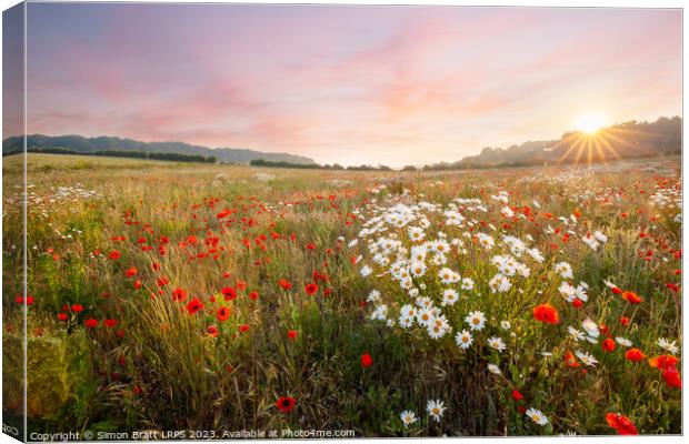 Wild flowers at sunrise with pink sky landscape Canvas Print by Simon Bratt LRPS