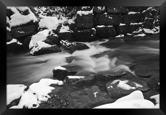 Snowy Waterfall Mono Framed Print by Steve Purnell