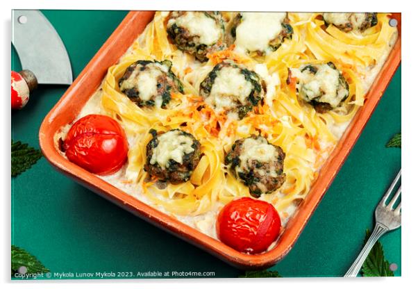 Noodle nests and meatballs, casserole. Acrylic by Mykola Lunov Mykola