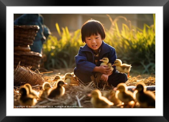 A happy boy on the farm collects the newly hatched chicks. Ai generated. Framed Mounted Print by Joaquin Corbalan