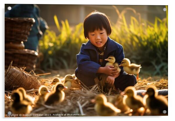 A happy boy on the farm collects the newly hatched chicks. Ai generated. Acrylic by Joaquin Corbalan