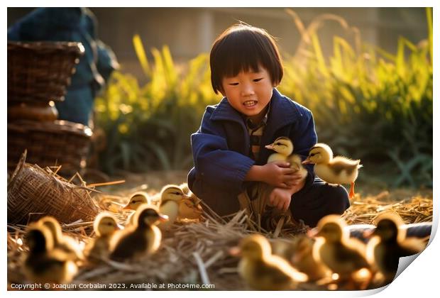 A happy boy on the farm collects the newly hatched chicks. Ai generated. Print by Joaquin Corbalan