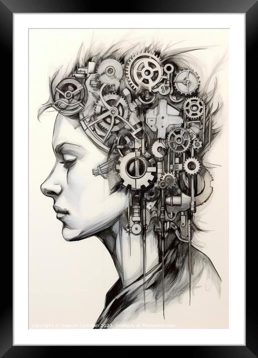 Pencil illustration, vertical, of a teenager listening to music. AI generated. Framed Mounted Print by Joaquin Corbalan