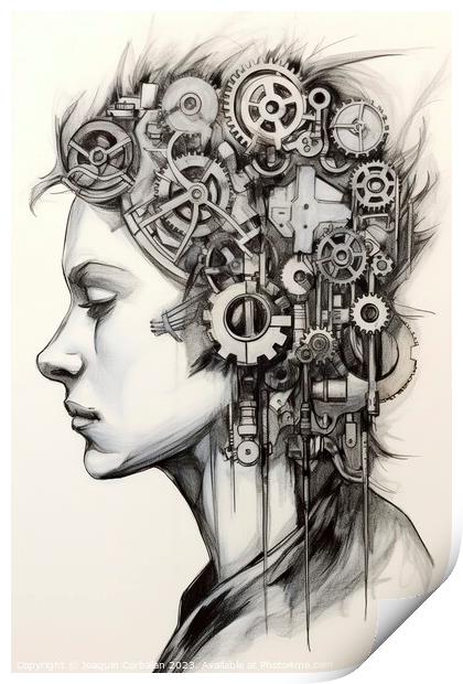 Pencil illustration, vertical, of a teenager listening to music. AI generated. Print by Joaquin Corbalan