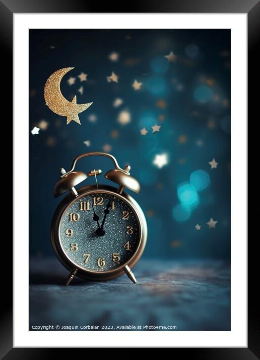 Retro alarm clock on the nightstand, with a background of children's stars. AI generated. Framed Mounted Print by Joaquin Corbalan