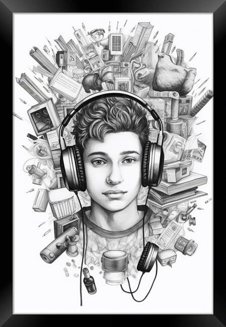 Pencil illustration, vertical, of a teenager listening to music. AI generated. Framed Print by Joaquin Corbalan
