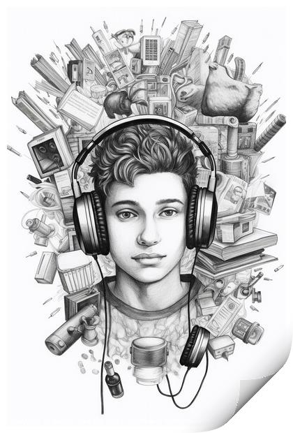 Pencil illustration, vertical, of a teenager listening to music. AI generated. Print by Joaquin Corbalan