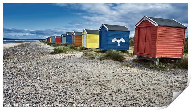 Seaside Serenity, Findhorn Beach Huts Print by Tom McPherson