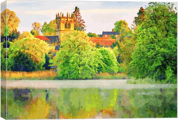Watercolor across Ellesmere Mere in Shropshire to  Canvas Print by Steve Heap
