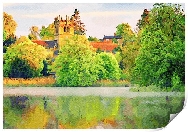Watercolor across Ellesmere Mere in Shropshire to  Print by Steve Heap